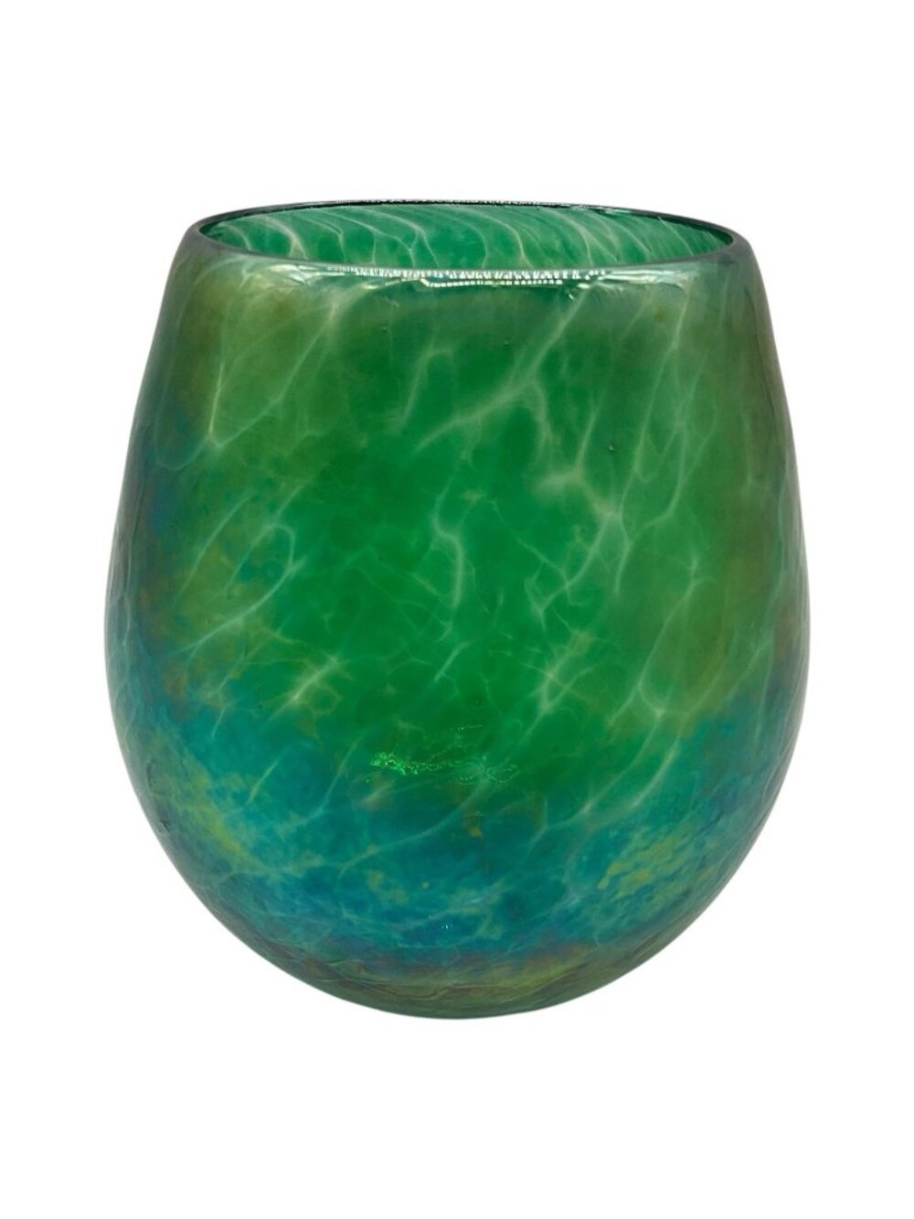 Glass Eye Studio Hand Blown Art Glass Vase in Green and Iridescent Blue Swirls
